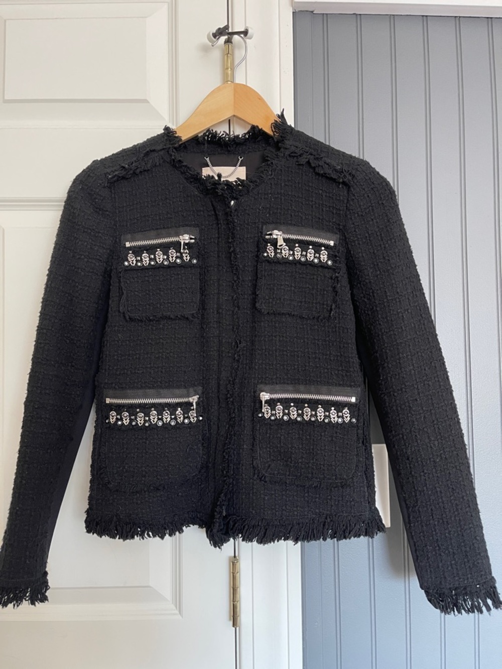 Rebecca Taylor Black Tweed Fringed Zip Pocket Jacket